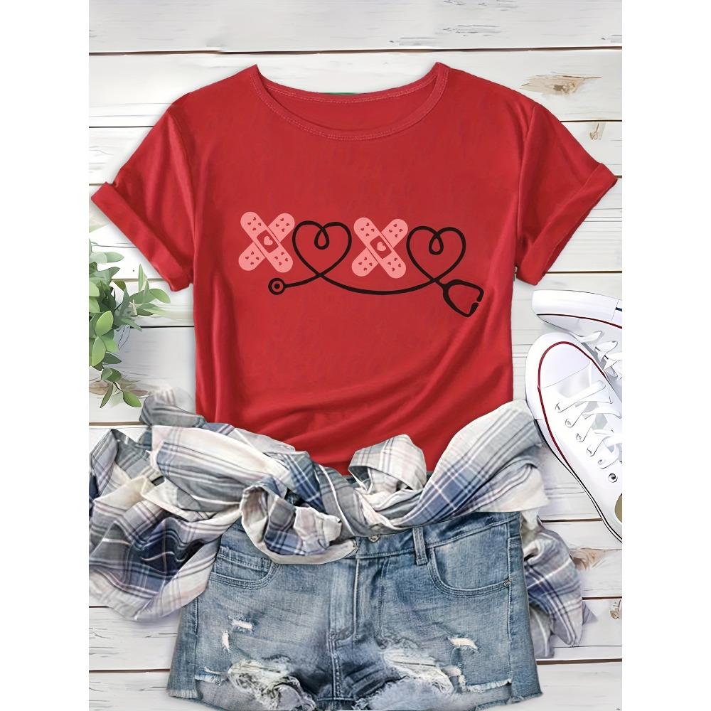 Love Band Aid Printed Women's Cute Simple Round Neck Sports Casual Sleeve Style Love Band Aid T-shirt