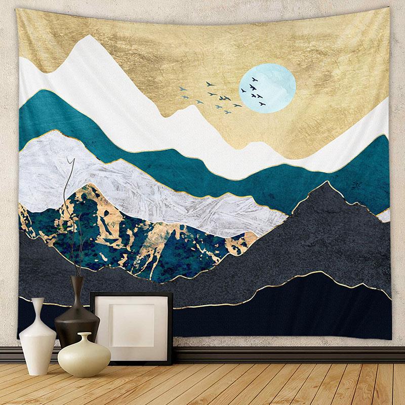 Nordic Mountain Sunset Printed Tapestry Natural Landscape Wall Hanging Cloth Beautiful Bedroom Background Decoration with Nails