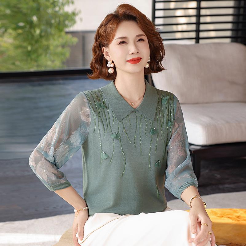 

Elegant Summer Lapel T-shirt for Moms - Seven-Sleeve Design for Middle-Aged Women 2XL (110-120 jin) зелёный