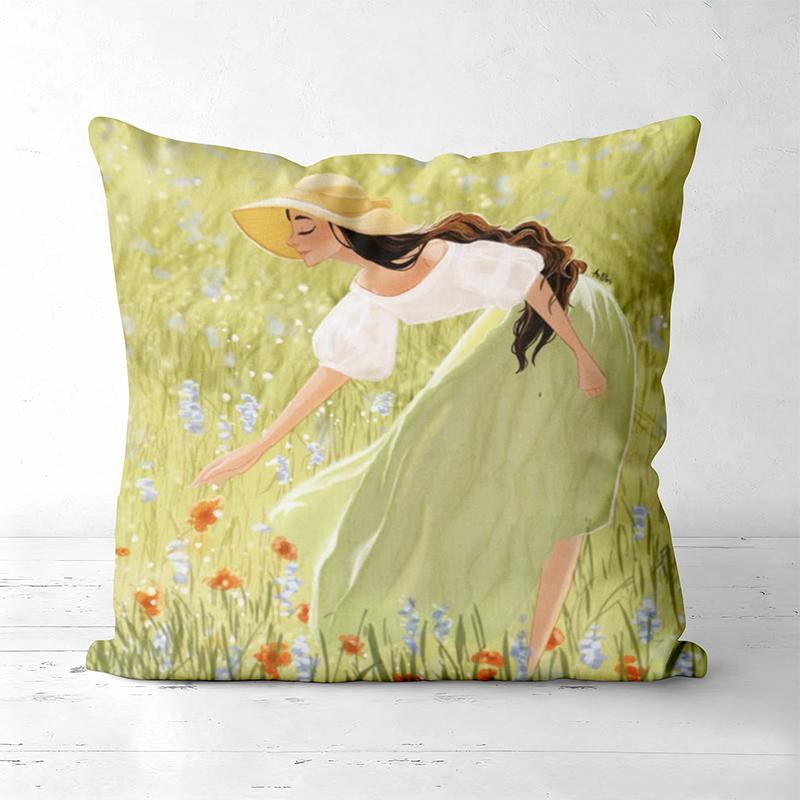 Four Pillow Covers With Girl And Flower Pattern Polyester Pillowcase, Sofa Decorative Cushion Cov Headboard Pillow