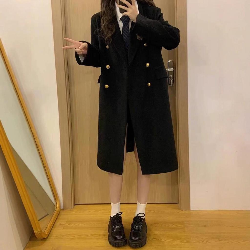 Academy-Style JK Uniform Double-Breasted Wool Coat - Black, Mid-Length, High-End Feel, Straight Shoulders, Autumn/Winter.