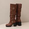 Women's High-heeled Boots Autumn and Winter Thick-heeled Large-size Casual Boots Roman Medium Boots