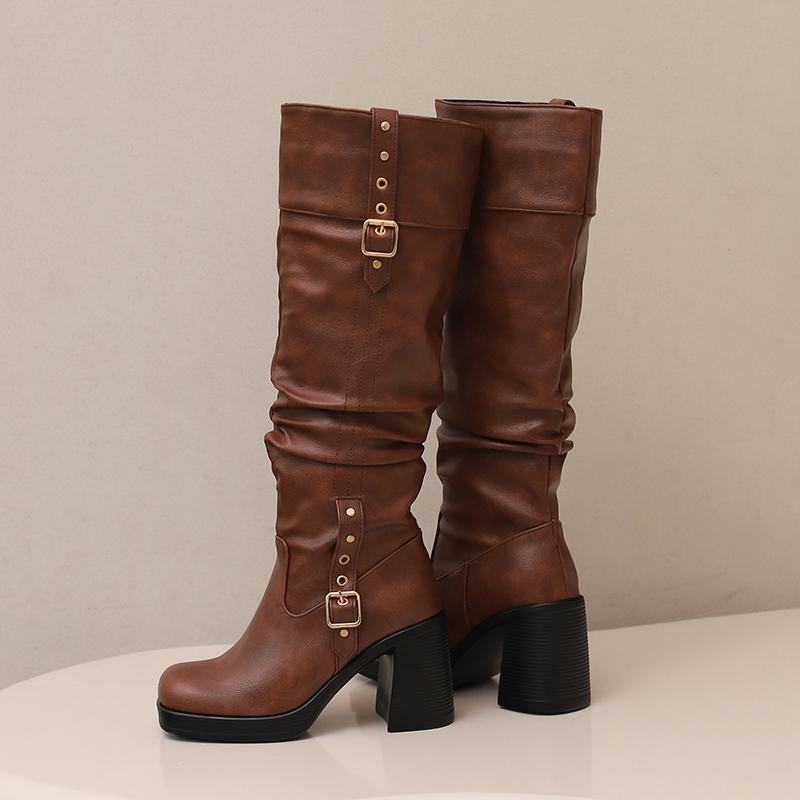 Women's High-heeled Boots Autumn and Winter Thick-heeled Large-size Casual Boots Roman Medium Boots