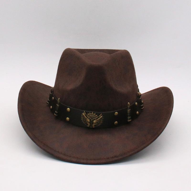 Unisex Pu Leather Western Cowboy Hat Metal Engraved Bull Head Rivet Belt Hat Party Hat