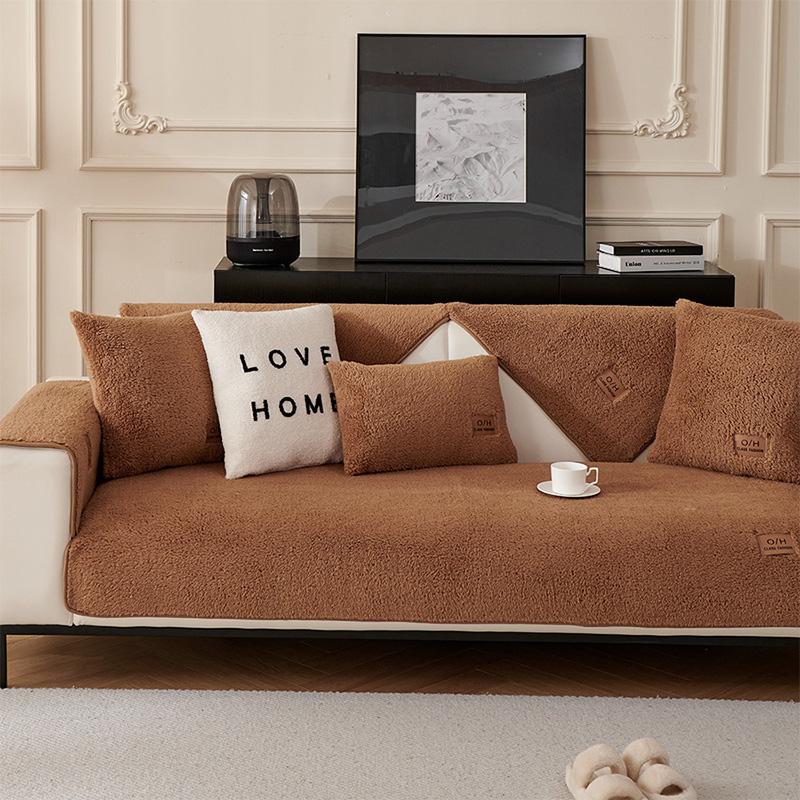 Lamb Wool Sofa Cover Plush Soft Warm Cushion Couch Protector Thicken Non-Slip Solid Color Slipcover for Living Room Decor Modern
