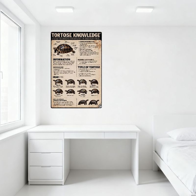 TORToise KNOWLEDGE Tortoise Species Info Tin Sign Educational Beige Black Poster for Tortoise Care Enthusiasts Home Office Decor
