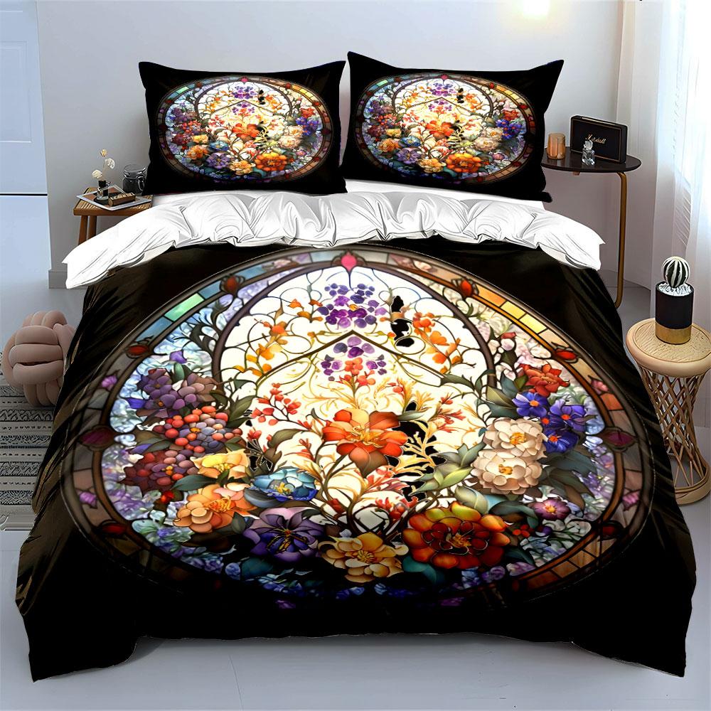 Floral Stained Glass Decor Set Multiple sizes kid's and adults' bedroom Exquisite 3PC bedding set gift