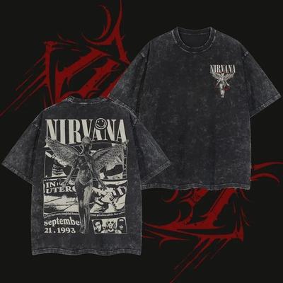 Nirvana Band Unisex Gewassen T-shirt Katoen Zomer Punk Straatpatroon Unisex Vintage Mode Korte Mouwen YK Shirt