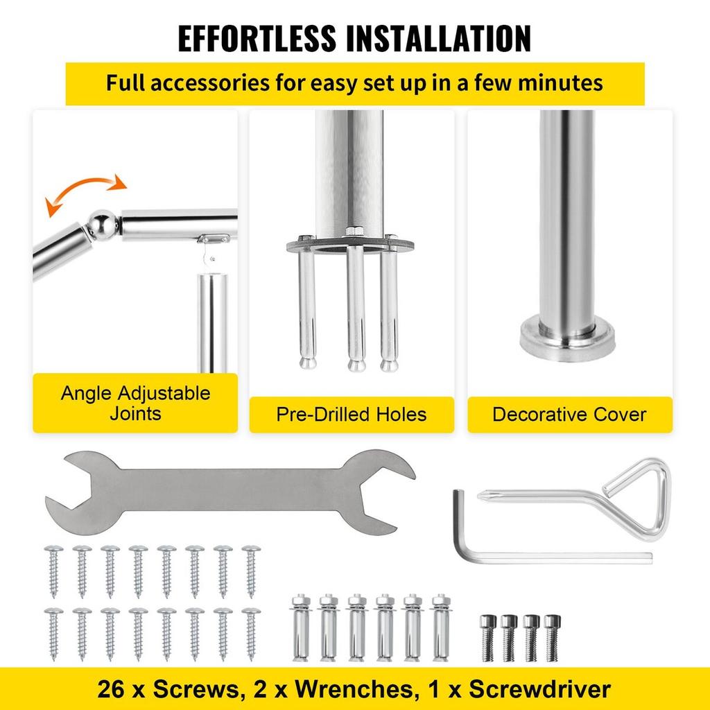 5 Step Railing Stainless Steel Transitional Handrail Fit for Level Surface and 1 To 5 Steps Adjustable Stair Railing Indoor Outdoor Step Railings