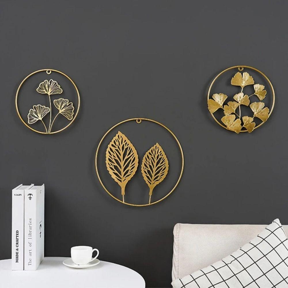 Ornaments Iron Arts Gold Metal Round Pendant Ginkgo Leaf Ornaments Wall Decoration Leaves Sculpture