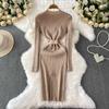 Spring Autumn Women Full Sleeve Knitted Sweater Office Work Slim Bodycon Pencil Dresses with Belt