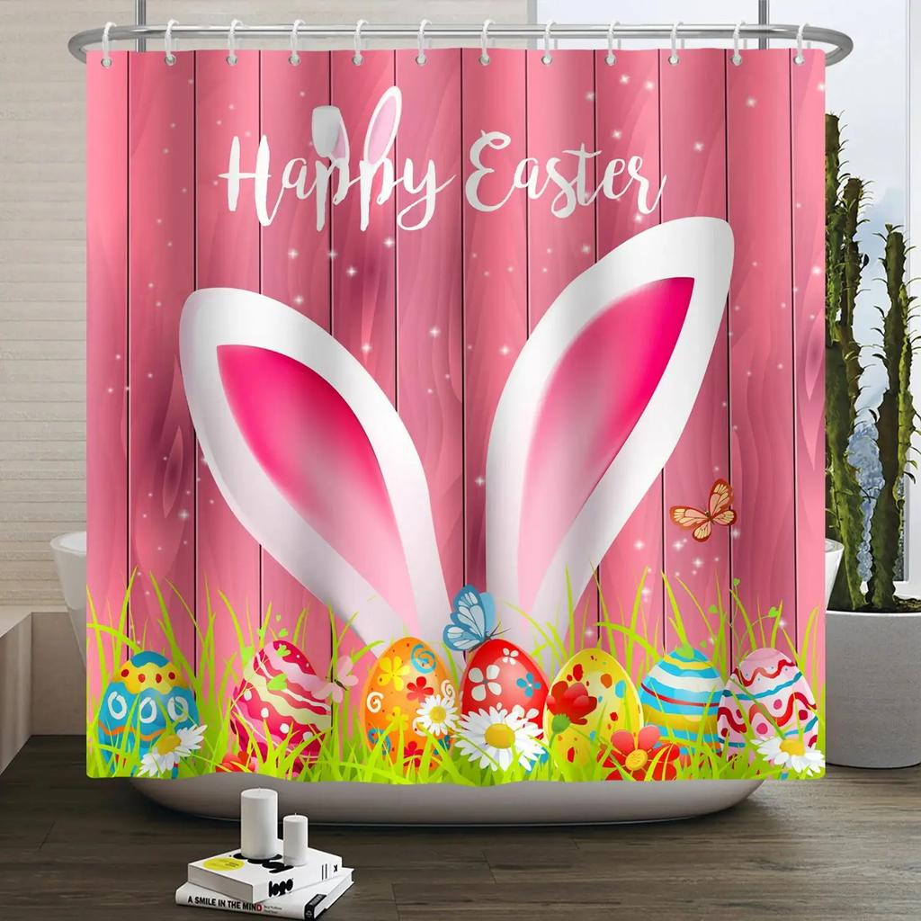 Spring Easter Shower Curtain Happy Rabbit Bunny Eggs Flower Garden Floral Holiday Waterproof Bathroom Shower Curtain With Hooks