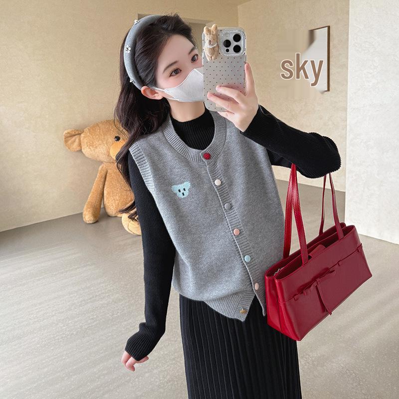 2025 Autumn/Winter Korean Casual Loose Cartoon Vest with Pleated Wool Maternity Dress L