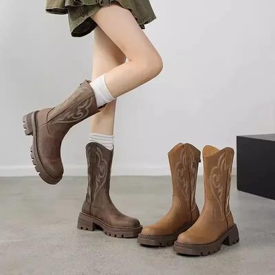Fashion Embroidery Women Western Cowgirl Boots Fashion Back Zippers Shoes Retro Style Autumn Winter Ladies Knight Mid Calf Booties