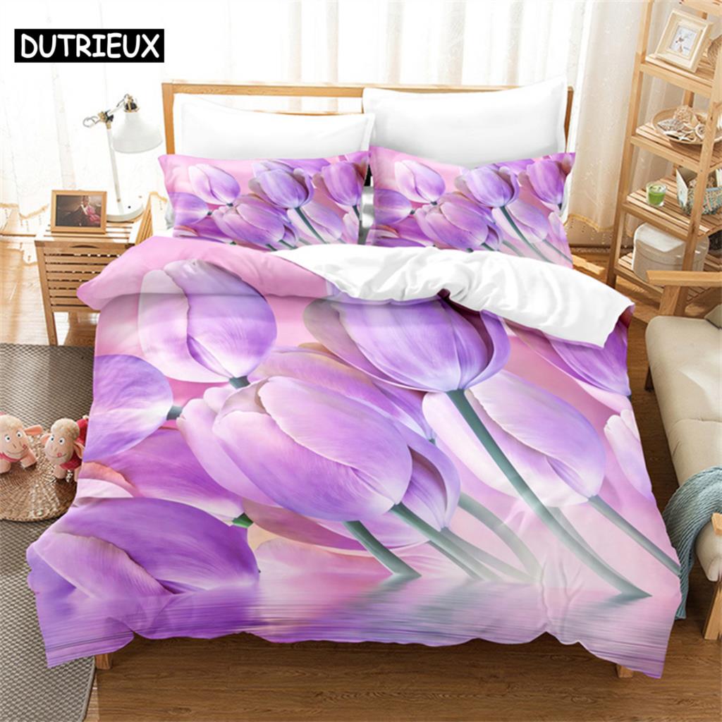 Butterfly Tulip Queen Bedding Set Duvet Cover Kids Bedroom Bed Set Comforter Cover Set King Size Duvet Cover Set Bedding Sets