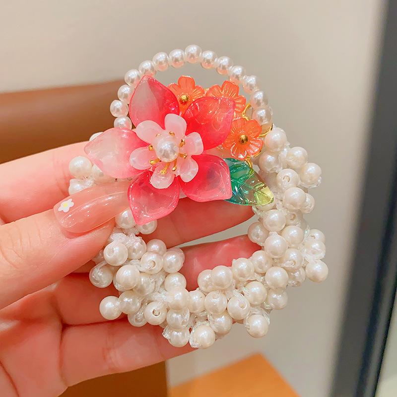Vintage Floral Pearl Hair Ring for Girls - Elastic Bun Accessory