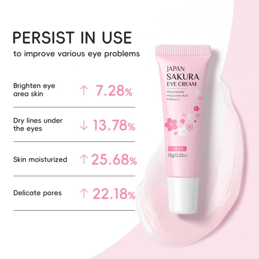 LAIKOU Sakura Faltenreduzierende Augencreme mit Roll-Applikator Schnelltrocknend Feuchtigkeitsspendend Hyaluronsäure Erfrischendes Augen-Serum 15ml