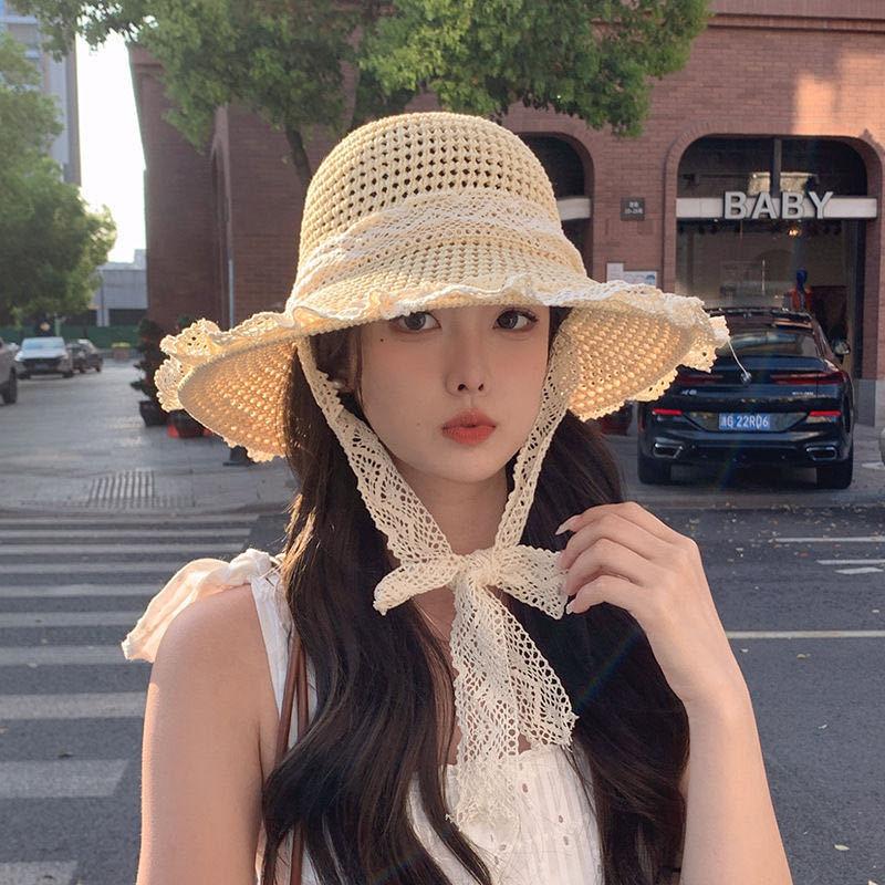 Summer new lace hollow breathable sunscreen hat sun hat travel seaside beach photo straw hat woman