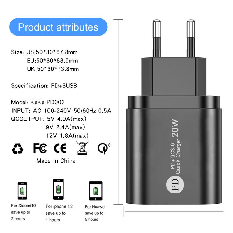 PD12W 5V/2.4A Type-C Mobile Charger with EU/US/UK Adapter