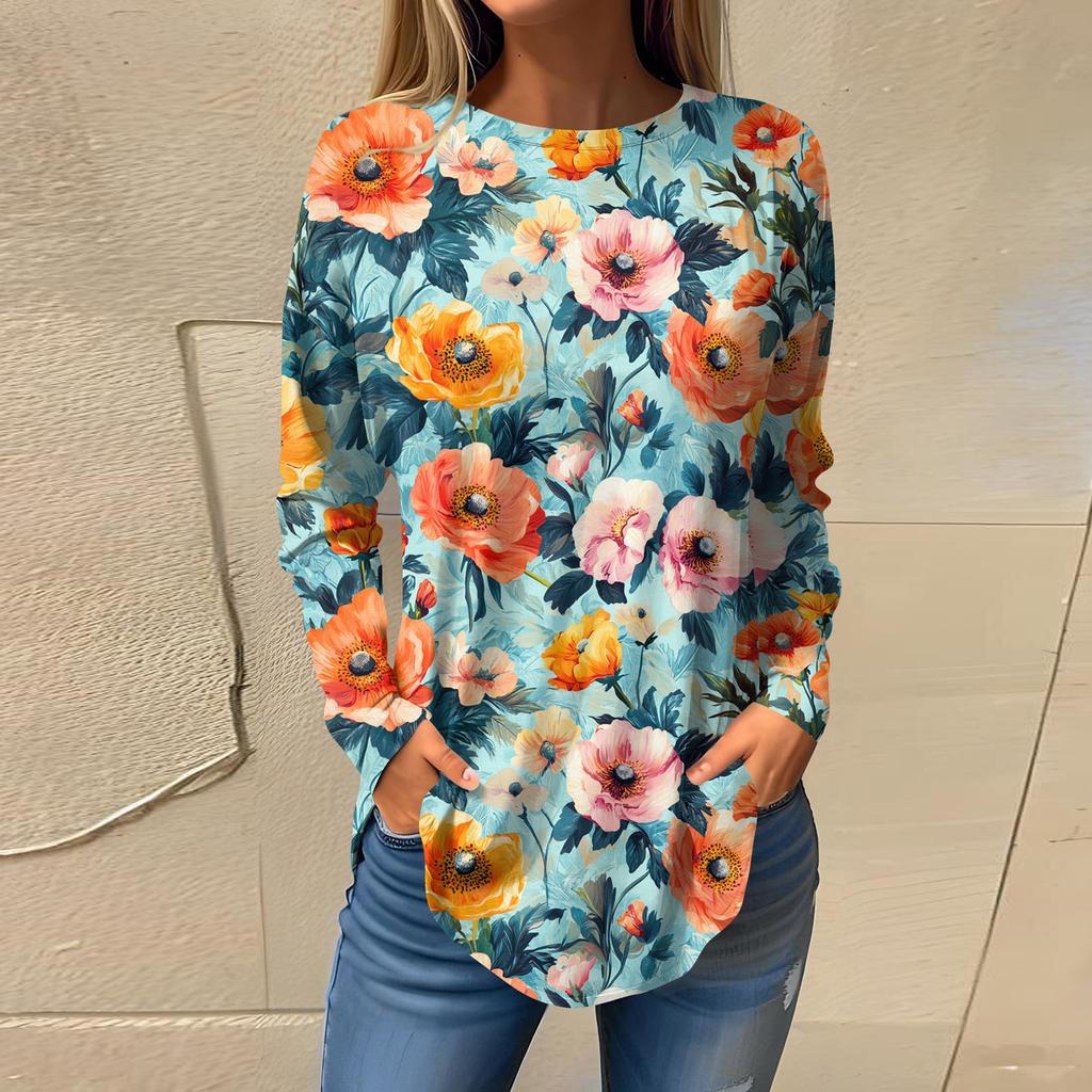 Women's  Loose Casual Flower Printed Round Neck Long Sleeved T Shirt Top Pullover Long Sleeved Sweatshirt