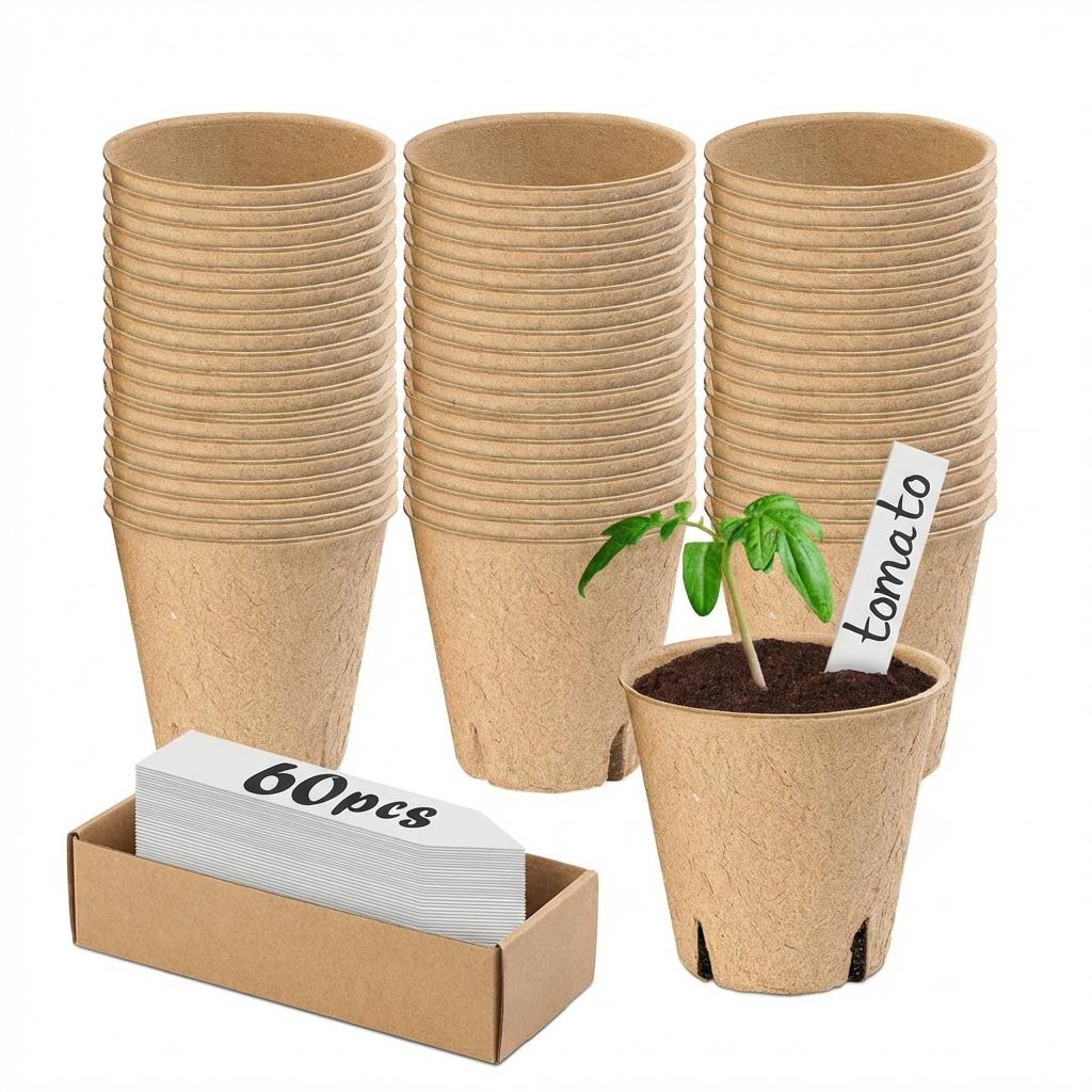60Pcs 3.1/4Inch Biodegradable Pulp Seedling Pots Starter Trays For Plants Growing