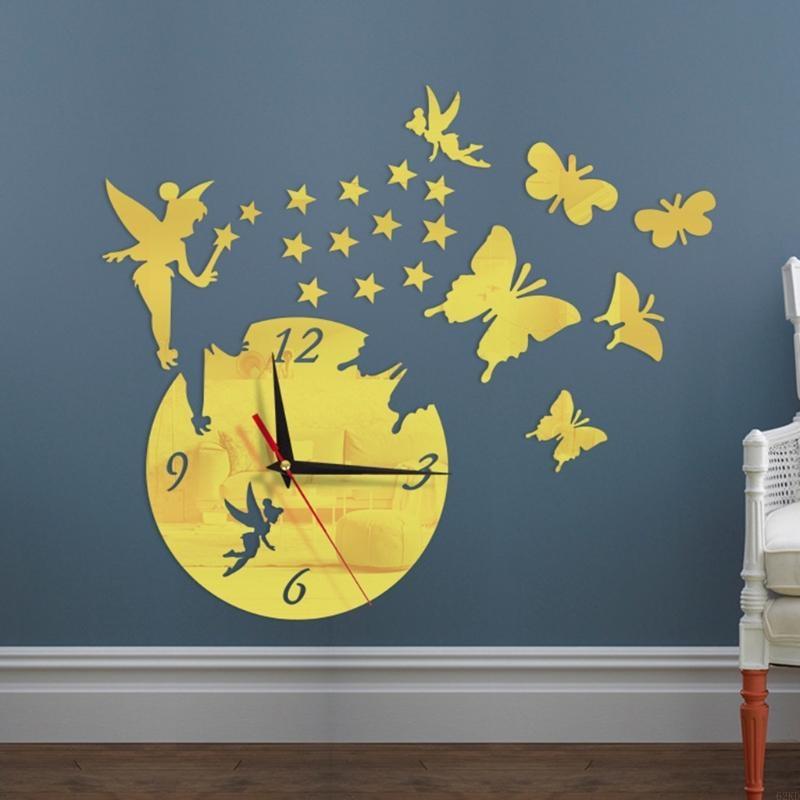 62KD DIY Mirror Acrylic Wall Clock Sticker Fairy Stars for Butterfly Living Room D