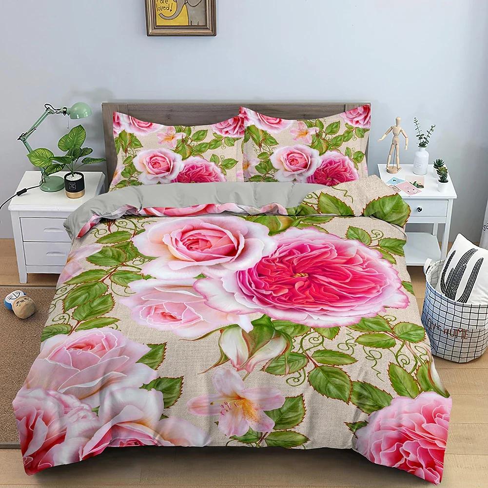 3D Rose Flower Duvet Cover Queen King Double Bedding Set 2/3pcs Quilt Cover with Zipper Closure King Size Polyester Quilt Cover