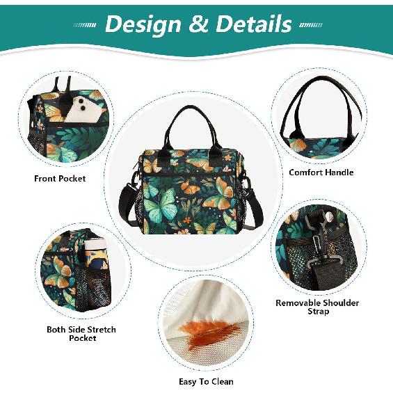 Green Butterflies Large Insulated Lunch Bag for Office Work School Picnic Reusable Tote Bag, Medium, A05W23017