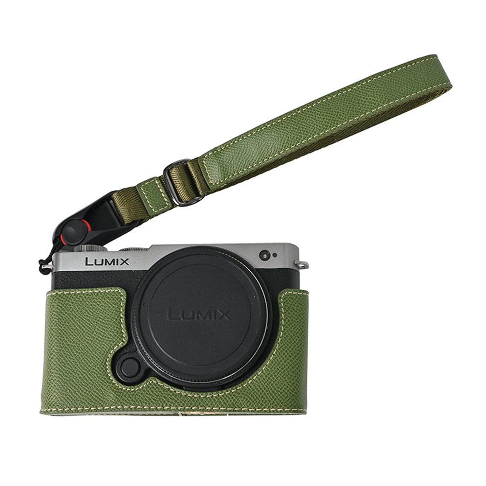Palm Print PU Leather Camera Half Body Case For Panasonic Lumix S9 Battery Opening Bottom Cover With Strap