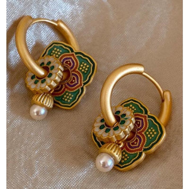 French Court Style Colored Enamel Glaze Double-layer Flower Stud Earrings Retro Pearl Design Earrings Monet Garden Decoration