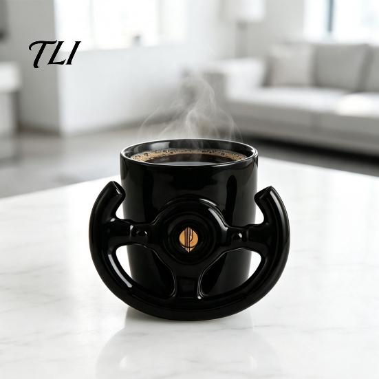 Auto-Themen Bürobedarf Lustige Lenkrad-Kaffeetasse, Keramik-Rennbecher, 400 ml Kreativer Fan-Becher Glänzend Schwarz Trinkgeschirr für Schreibtisch und Gaming-Zimmer
