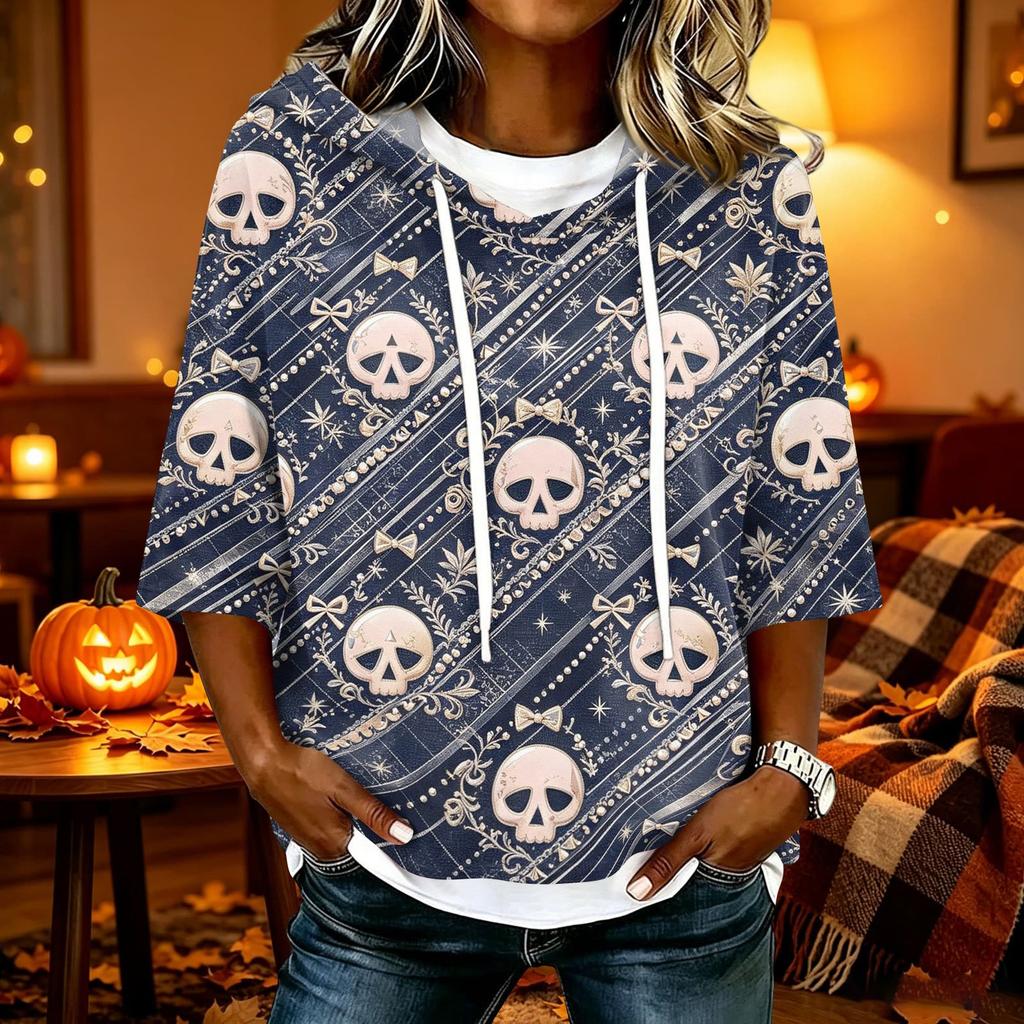 Women's Halloween Print Casual Loose Fit Hooded Top with and Three-Quarter Sleeves