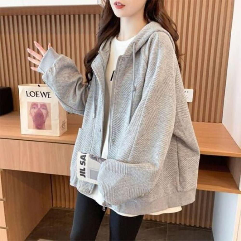 Navava Women Daily Ribbed Pattern Hooded Zip Up Nc405