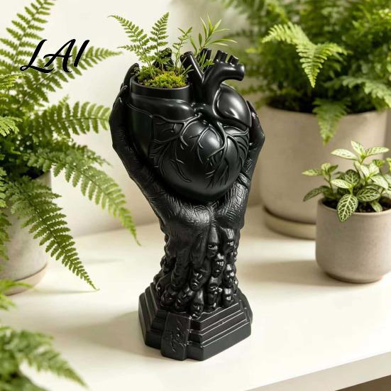 Skull Base Ornament Hand Holding Human Heart Organ Vase Gothic Anatomical Shaped Planter Spooky Halloween Desktop Flower Pot for Living Room