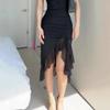 Wefads Women Maxi Dress Summer Elegant Solid Sleeveless Nipped Waist Slim Backless Ruffled Irregular Party Dresses Streetwear