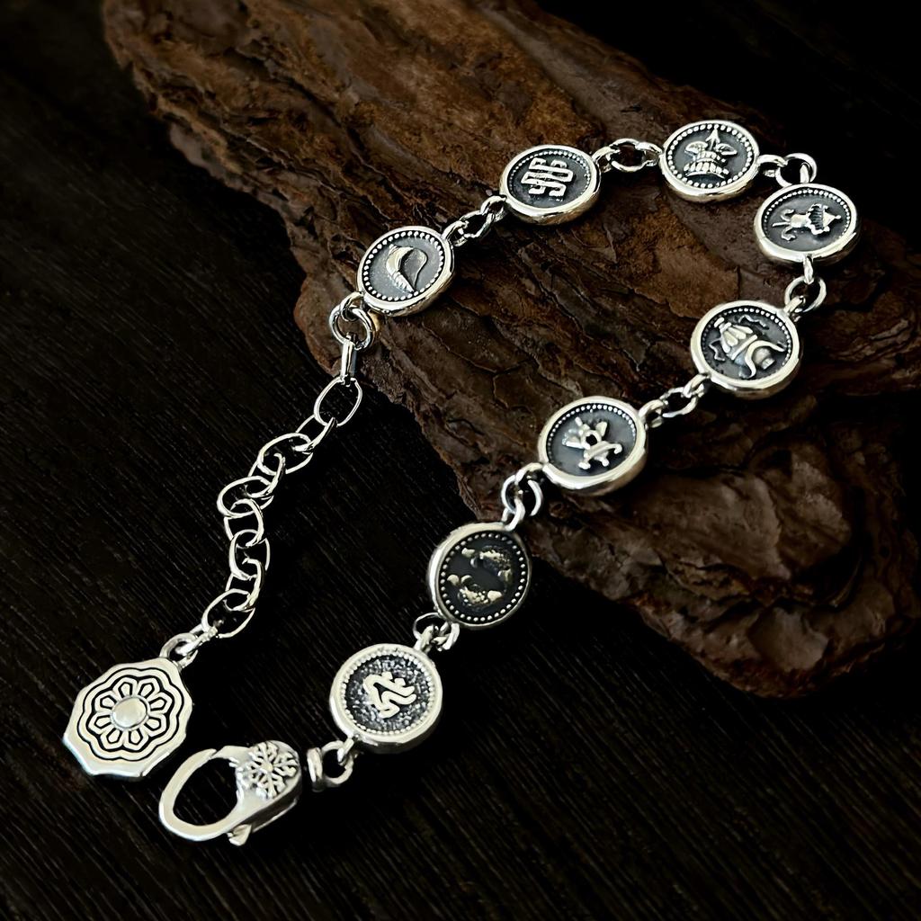 S925 Sterling Silver Auspicious Eight Treasures Bracelet with Eight Guardian Deities Seed Syllables for Men and Women