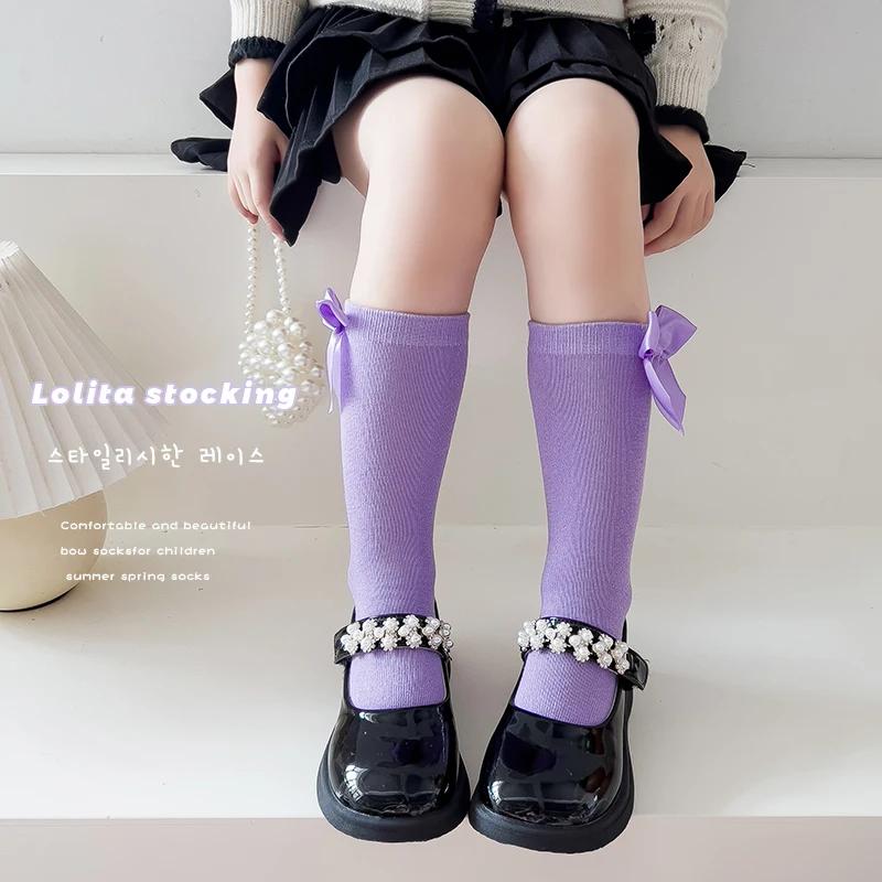 Girls Princess Bow Mid Calf Socks Spring Autumn Solid Student Dance Long Tube Socks For Little Kids