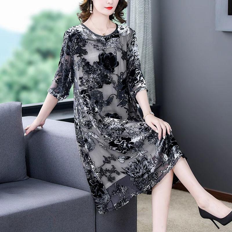 Women's Plus Size Dress Gold Velvet Floral Dress Loose Retro A-Line Dress Spring Autumn
