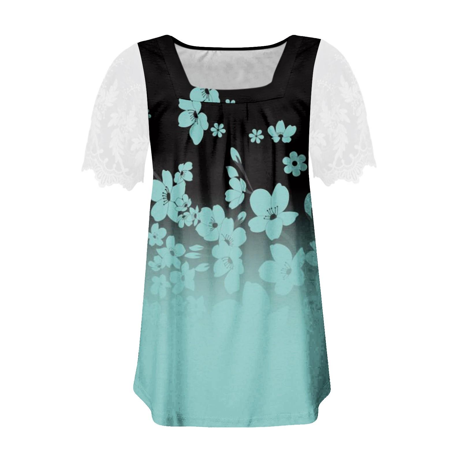 Женская плиссированная кружевная футболка с квадратным вырезом и коротким рукавом — фото 5