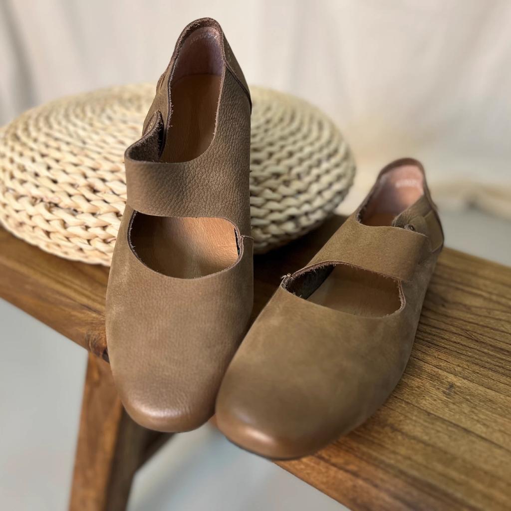 Cowhide Version Retro Niche Polished Round Head Flat-bottomed Ballet Shoes Women's Autumn New One-word Strap Mary Jane Single Shoes