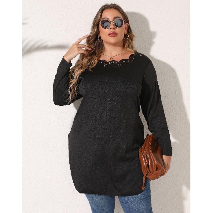 

Women s Mid-Length Top Plus Size Hollow Out Split Autumn Long Sleeve T-Shirt 0XL/L чорний