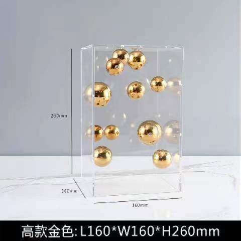 Modern Abstract Transparent Acrylic Cube Sculpture Bright Gold Stainless Steel Ball Transparent Square Box Aesthetic Decoration
