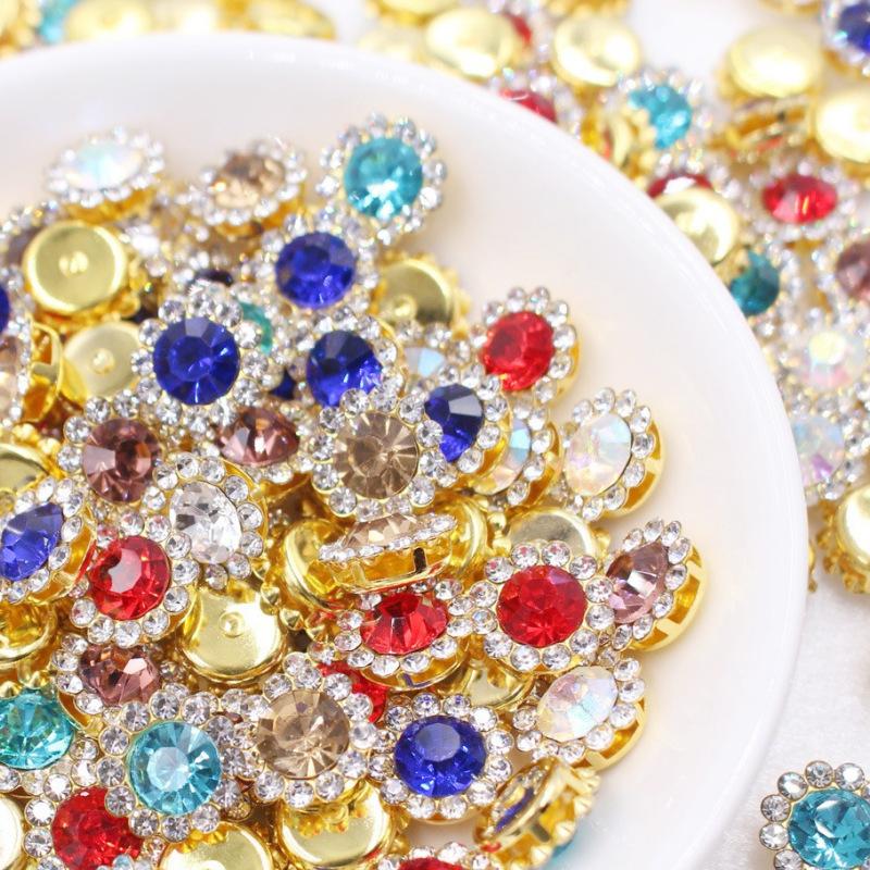 50P 10/12Mm Round  Glass Sewing Stone Glue-On Claw  Gold Base Button Sew On  For Diy Clothes Crafts