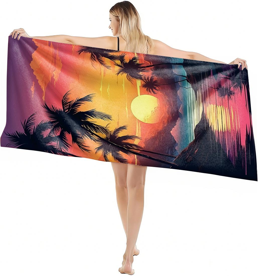 

1PC Towel Coconut tree and sunset art pattern Perfect gifts Quick-Dry Beach Towel For Yoga Tourism Beach GYM Camping Swimming W40*H60(CM)