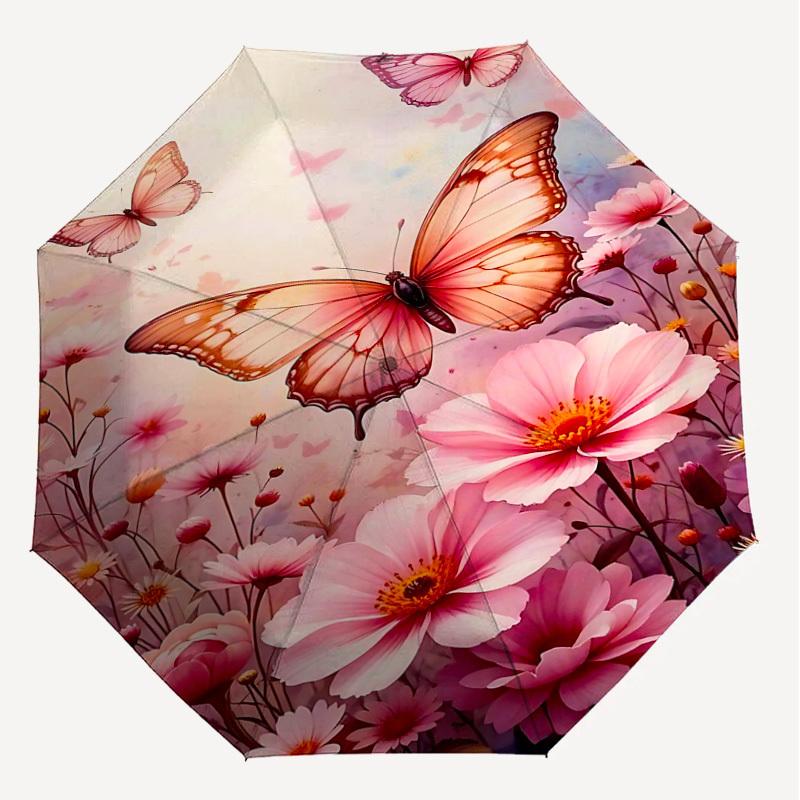 1pc Butterfly Flowers Automatic Open/Close Umbrella Compact Folding Umbrella with 8-Rib Shaft for Women/Men, Portable Travel Umbrella,1181S