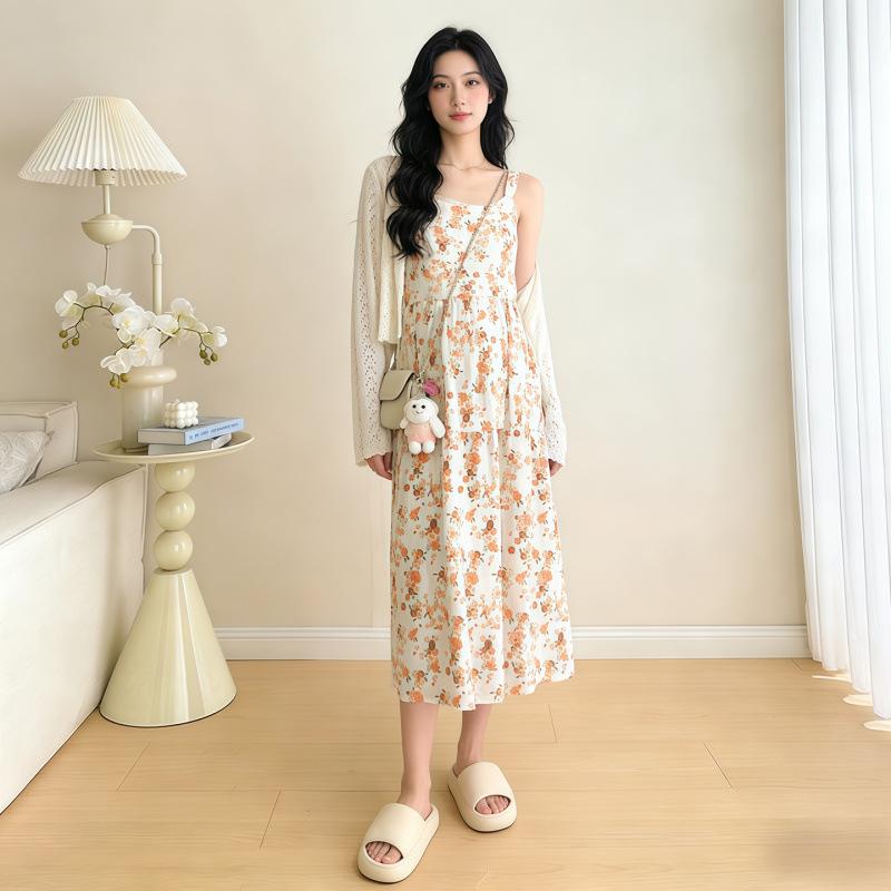 2026 Summer Maternity Ice Silk Knit Cardigan & Camisole Dress Set