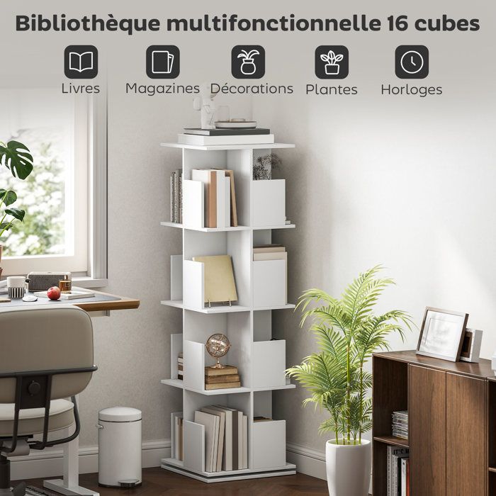 Bookshelf - HOMCOM - Rotating - 4 Levels - 16 Compartments - Particleboard - 39 X 39 X 128.3 Cm - White