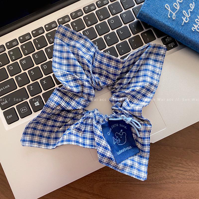 Retro style small fresh blue plaid square scarf hair band female cute bear ribbon bow fabric hair accessories
