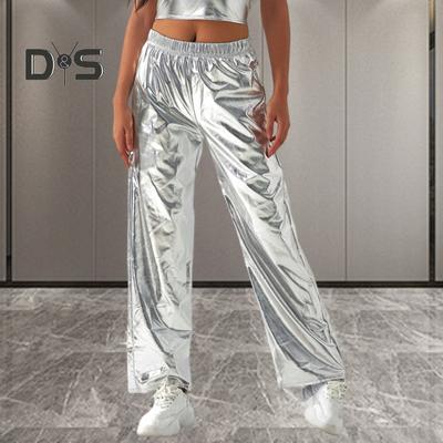 Women Metallic Pants Elastic High Waist Casual Holographic Color Trousers Wide Leg Pockets Hip Hop Long Pants