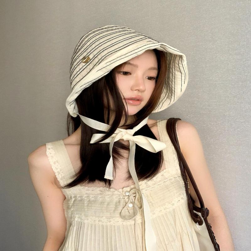 

Fashion Ribbon Women Striped Fisherman Hat Wide Brim Foldable Summer Sun Hat Sun Protection Solid Color Sunshade Hat бежевый